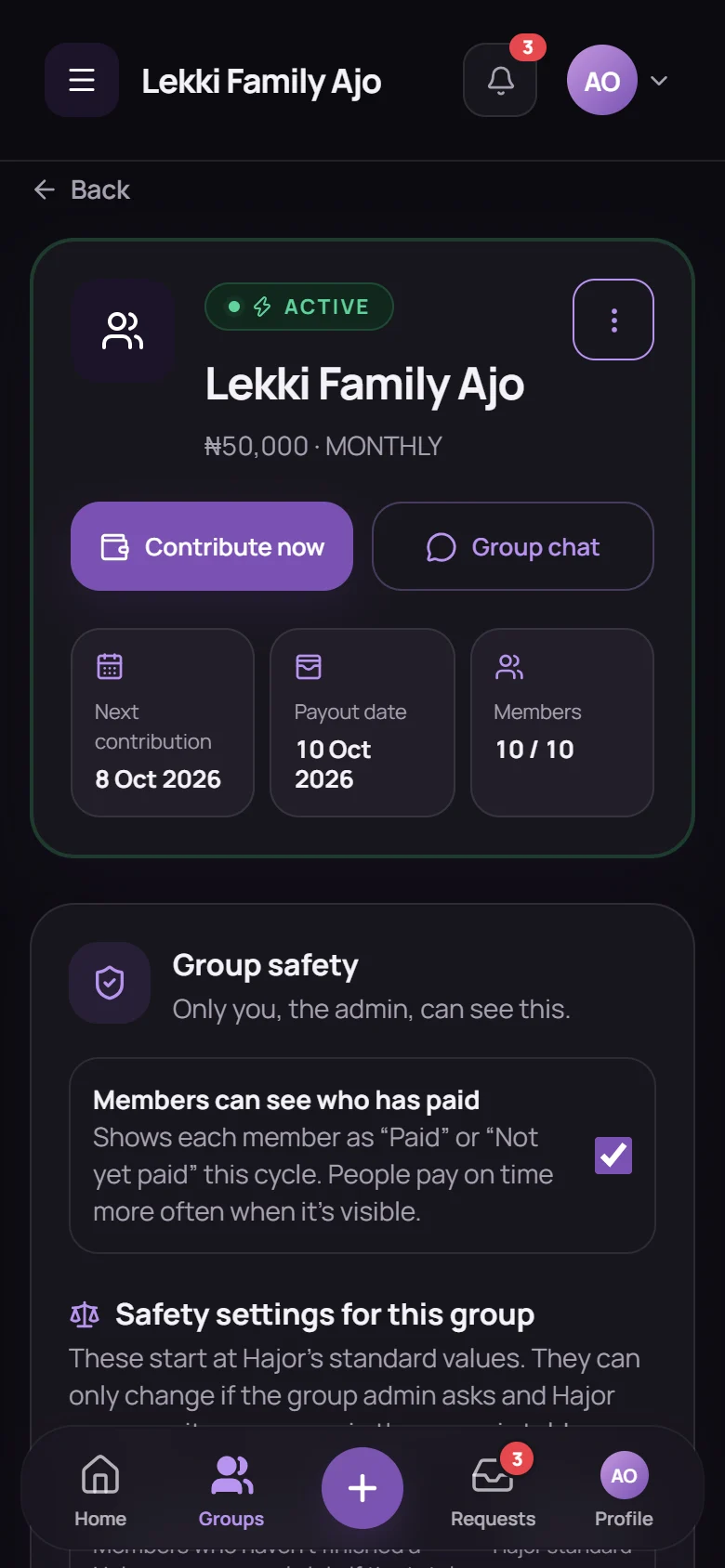 HAJOR group screen for Lekki Family Ajo