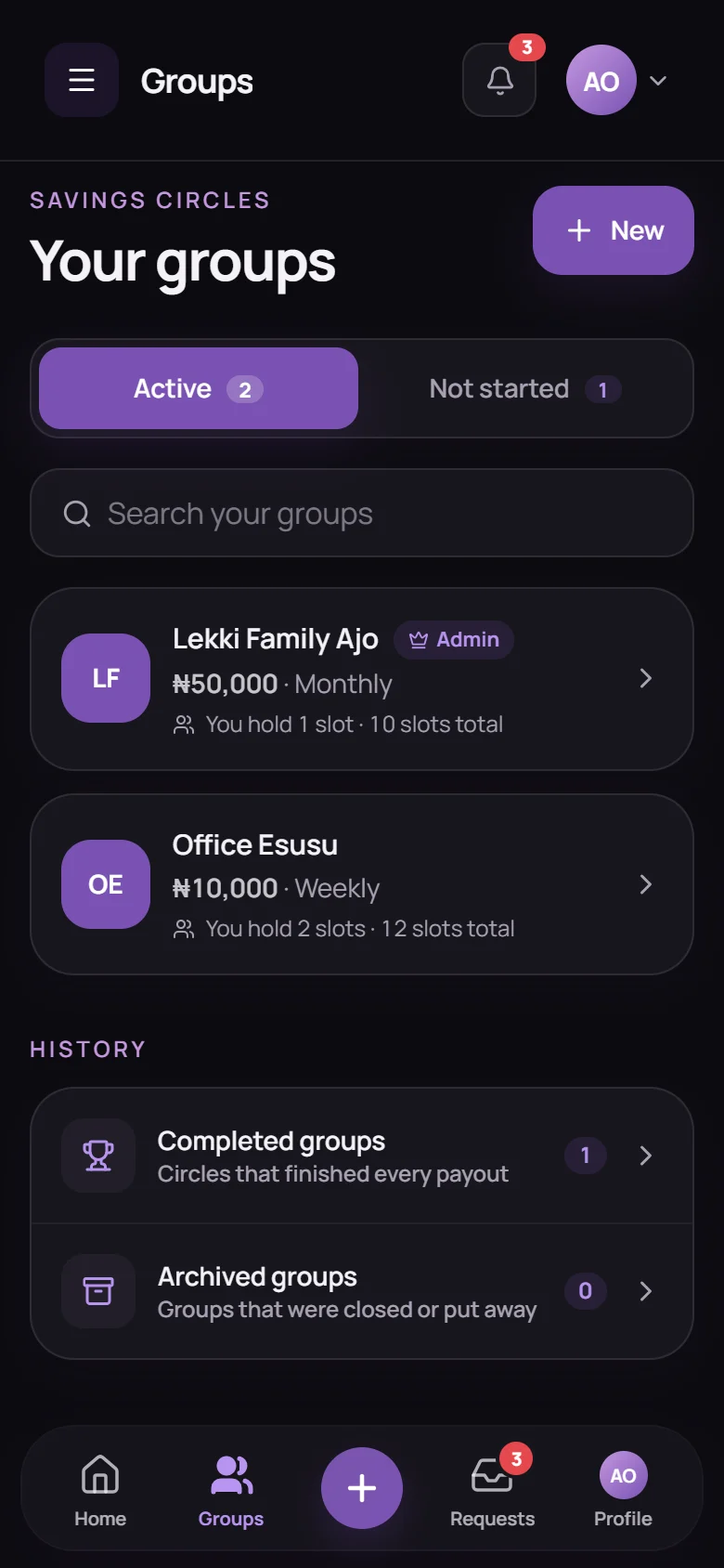 HAJOR groups screen listing Lekki Family Ajo and Office Esusu